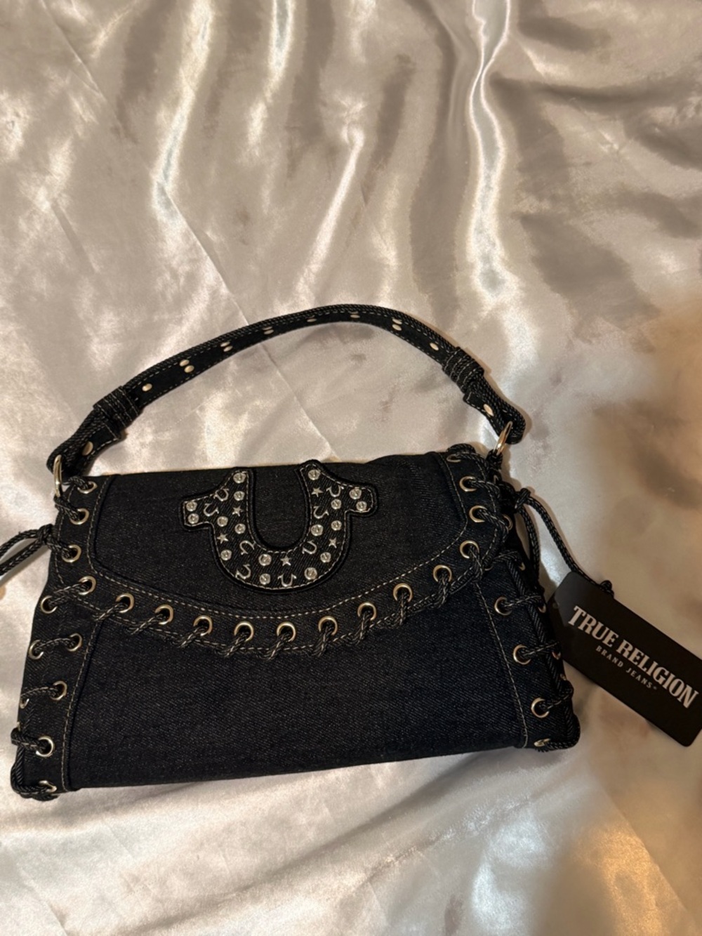 True Religion Black Denim Studded Shoulder Bag